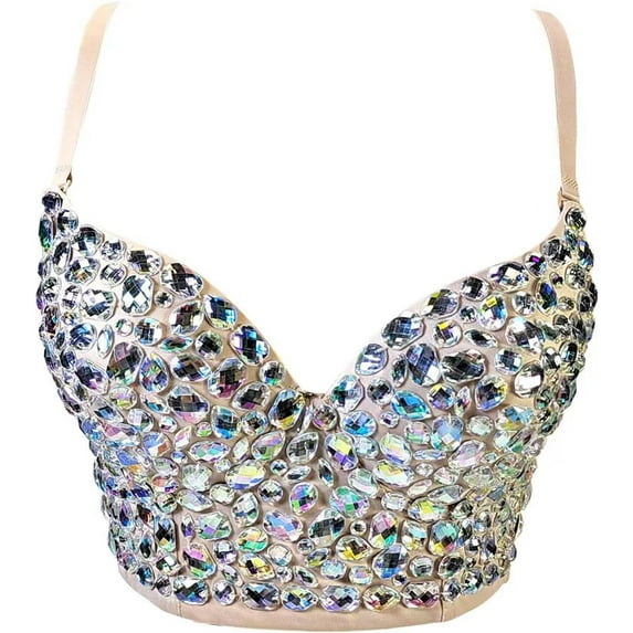 Women's Bustier Crop Top Corset Top Push up Rhinestone Diamond Bra Club Party Vest with Detachable Straps