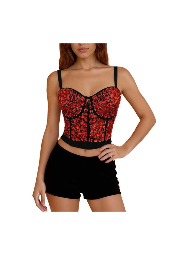 Women's Bustiers & Corsets Handmade Rhinestone Diamond Spaghetti Strap Push Up Cropped Top Punk Bra Vest (L, Multicolor)