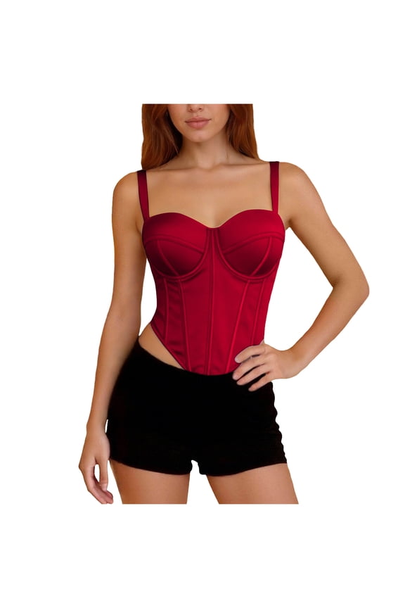 Women's Bustiers & Corsets Spaghetti Strap Underwire Push Up Full Coverage Bodysuit Solid Color Slimming Bustier Tops (M, Red)