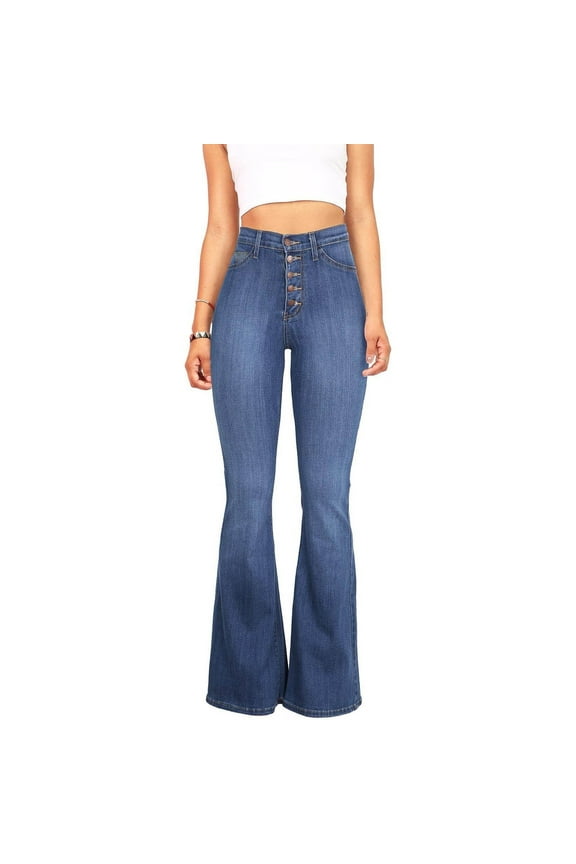 Women's Butt Lifting Flare Jeans Stretchy High Rise Bell Bottom Bootcut Jean Shaping Pull-on Button Push Up Denim Pants