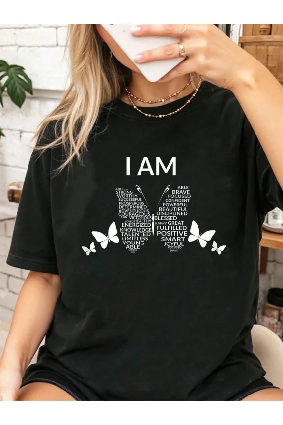 Women's Butterfly Affirmation Graphic T-Shirt, Positive Inspirational Words Black Short Sleeve Tee