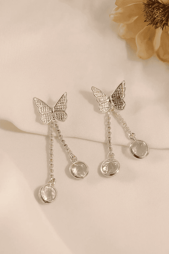 Womens Butterfly Dangle Earrings Sparkling Crystal Butterfly Studs with Double Chain Drop Design Elegant Fashion Jewelry for Parties & Everyday Wear