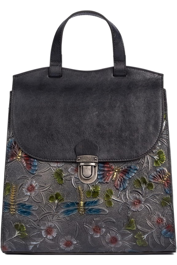 Women's Butterfly Embossing Bookbag Ladies Large Capacity Flower Backpack Genuine Leather Casual Daypack