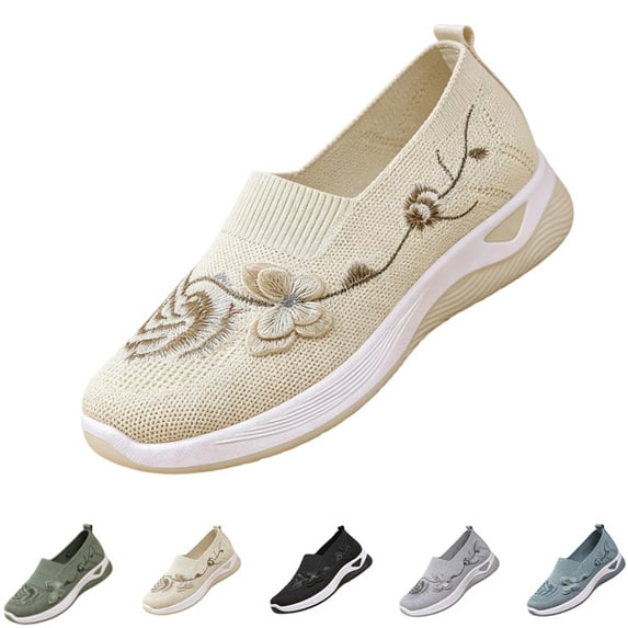 Women's Butterfly Embroidered Loafers, Orthopedic Loafer Sneakers for Women, Wide Fit Comfort Breathable Knit Mesh Slip on Walking Shoes,Beige,36