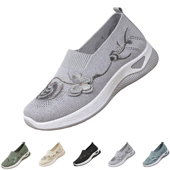 Women's Butterfly Embroidered Loafers, Orthopedic Loafer Sneakers for Women, Wide Fit Comfort Breathable Knit Mesh Slip on Walking Shoes,Gray,41