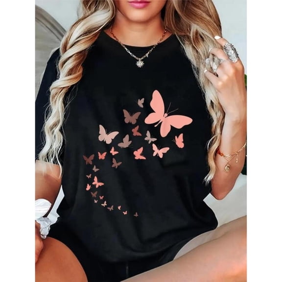 Women's Butterfly Graphic Comfortable T Shirt Casual Breathable Short Sleeve Round Neck Top Black S-5XL