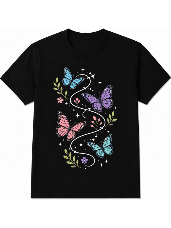 Women's Butterfly Graphic T-Shirt, Floral Botanical Nature Print Tee, Casual Short Sleeve Summer Shirt, Colorful Butterfly Top