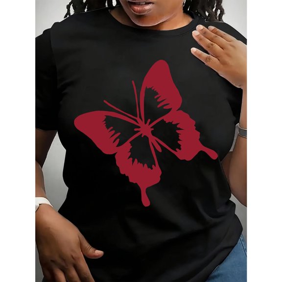 Women's Butterfly Graphic T-Shirt, Short Sleeve Round Neck Tops, Colorful Printed Tee, Summer Casual Tops,Funny,cotton,black,S-5XL