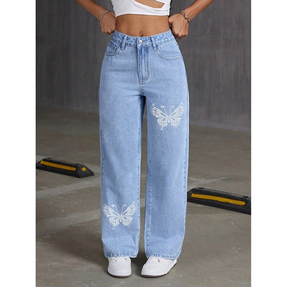 Women's Butterfly Print Low Waist Straight Leg Baggy Jeans Wide Leg Flap Pocket Denim Jeans