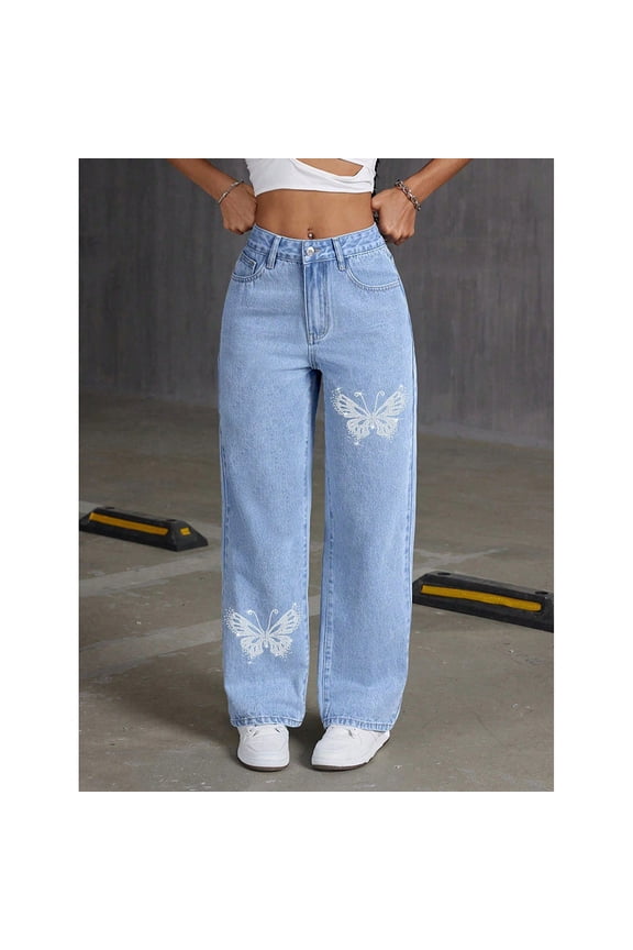Women's Butterfly Print Low Waist Straight Leg Baggy Jeans Wide Leg Flap Pocket Denim Jeans
