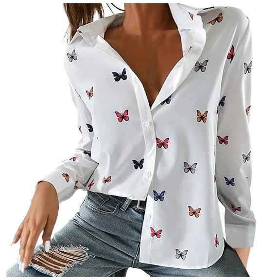 Women's Butterfly Print Shirts Tops Long Sleeve Lapel Button Down Blouse Fall Casual Fitted Womens Casual Tops