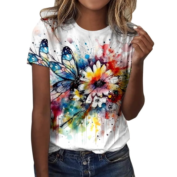 Women's Butterfly Print Short Sleeve T Shirts Round Neck Summer Casual Top White XXL
