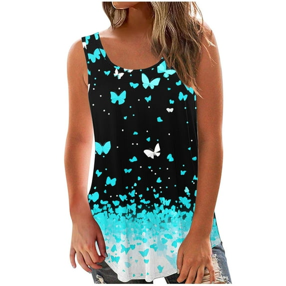Women's Butterfly Printed Camis Sleeveless Blouse Crewneck Camisole Loose Fitting Tank Top Beautiful Graphic T-Shirt Summer Tunic Tops with Long Flowy Hem