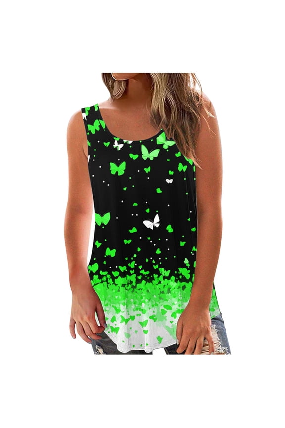 Women's Butterfly Printed Camis Sleeveless Blouse Crewneck Camisole Loose Fitting Tank Top Beautiful Graphic T-Shirt Summer Tunic Tops with Long Flowy Hem