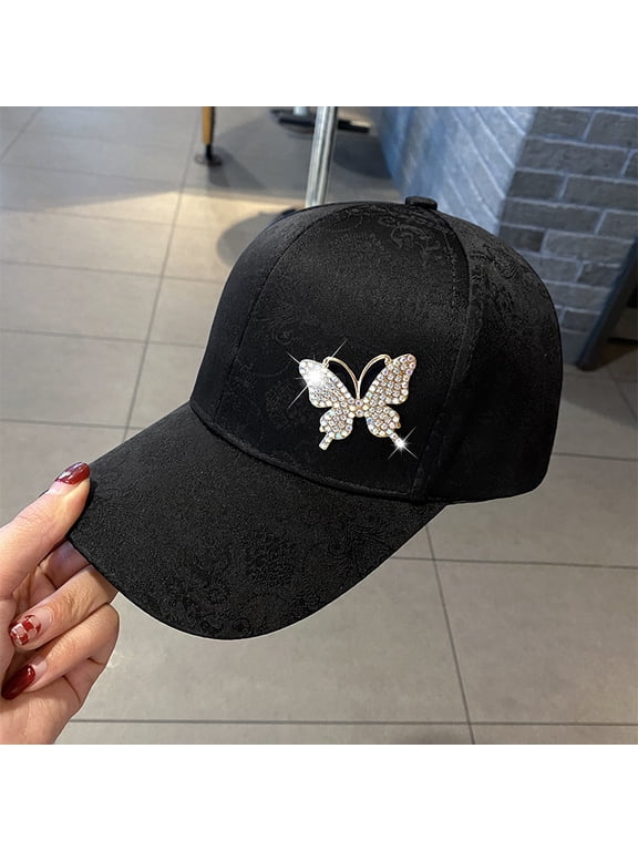 Women's Butterfly Rhinestone Baseball Cap Adjustable Bling Sun Hat for Women Fashion Hip Hop Hat with Studded Design