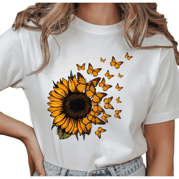 Women's Butterfly Sunflower Fusion Art Graphic Comfortable T Shirt Breathable Short Sleeve Round Neck Top White S-5XL