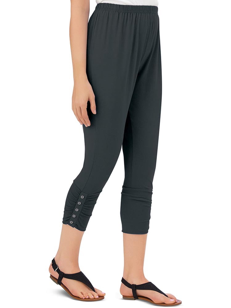 Women's Button Accent Cinched Capri Leggings for Pairing with Tunics &  Tops, Black, Large