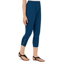 Women's Button Accent Cinched Capri Leggings for Pairing with Tunics & Tops, Navy, X-Large