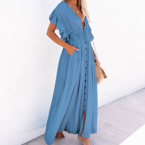 Women's Button Button Waist Rope Long Dress Cardigan Vacation Beach Jacket Sunscreen Jacket Long Skirt Bikini Cover Up Boys Swim Cover up Women Swimsuit Cover up Shorts Bikini with Cover up plus Size