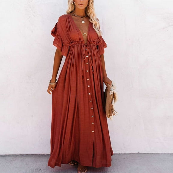 Women's Button Button Waist Rope Long Dress Cardigan Vacation Beach Jacket Sunscreen Jacket Long Skirt Bikini Cover Up Boys Swim Cover up Women Swimsuit Cover up Shorts Bikini with Cover up plus Size