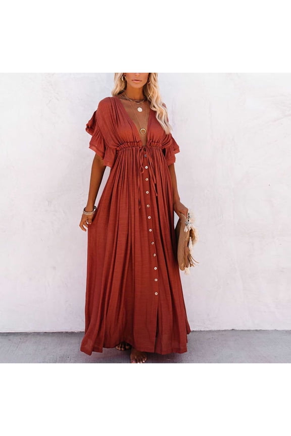 Women's Button Button Waist Rope Long Dress Cardigan Vacation Beach Jacket Sunscreen Jacket Long Skirt Bikini Cover Up Boys Swim Cover up Women Swimsuit Cover up Shorts Bikini with Cover up plus Size