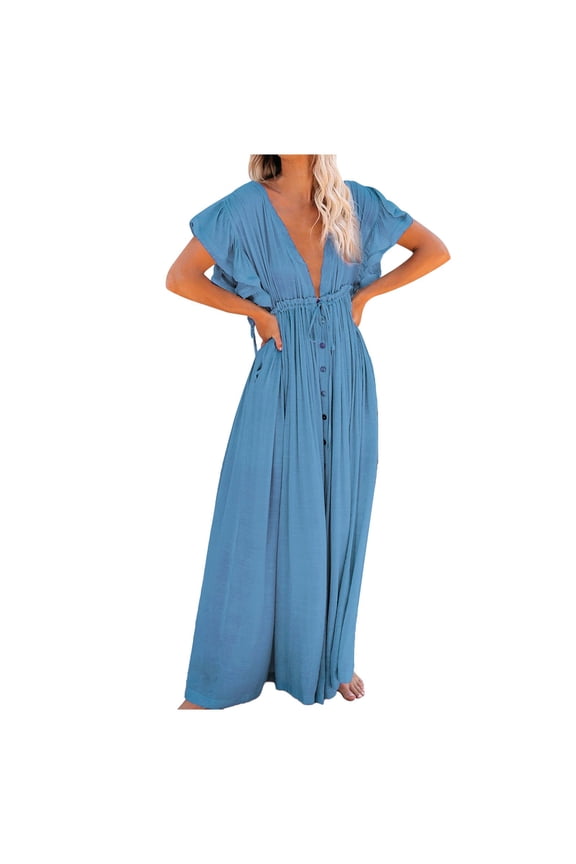 Women's Button Button Waist Rope Long Dress Cardigan Vacation Beach Jacket Sunscreen Jacket Long Skirt Bikini Cover Up