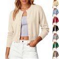 thumbnail image 1 of Women's Button Down Cardigan Sweater Long Sleeve Crew Neck Cropped Knit Cardigan Lightweight Soft Casual Jacket for Spring Fall Work Office Wear Beige XS, 1 of 6