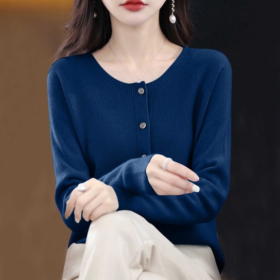 Women's Button Cardigan Sweaters Long Sleeve Soft Knit Tops Casual Round Neck Solid Lightweight Cozy Sweater