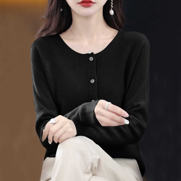 Women's Button Cardigan Sweaters Long Sleeve Soft Knit Tops Casual Round Neck Solid Lightweight Cozy Sweater