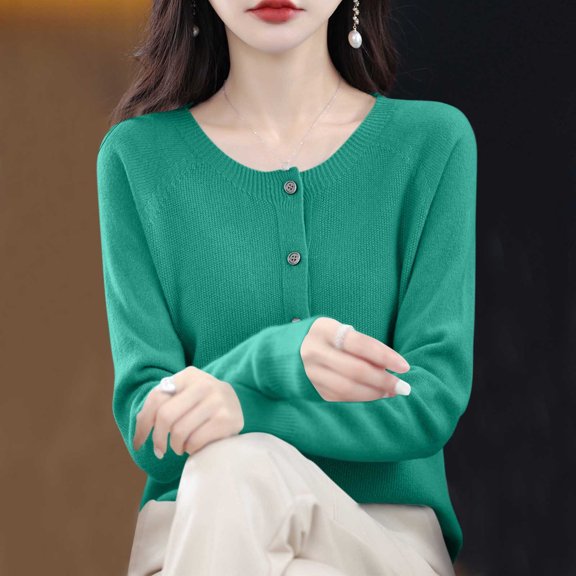 Women's Button Cardigan Sweaters Long Sleeve Soft Knit Tops Casual Round Neck Solid Lightweight Cozy Sweater