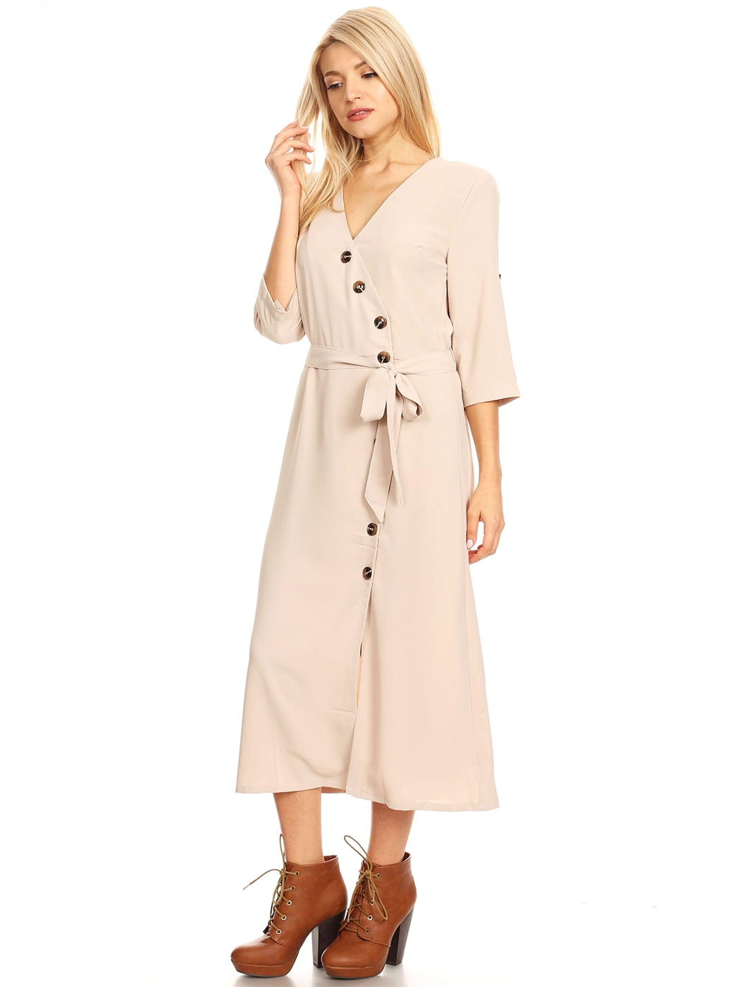 Women's Button Closure Split Front Midi Wrap Belt Tie 3/4 Sleeve Dress -  Walmart.com