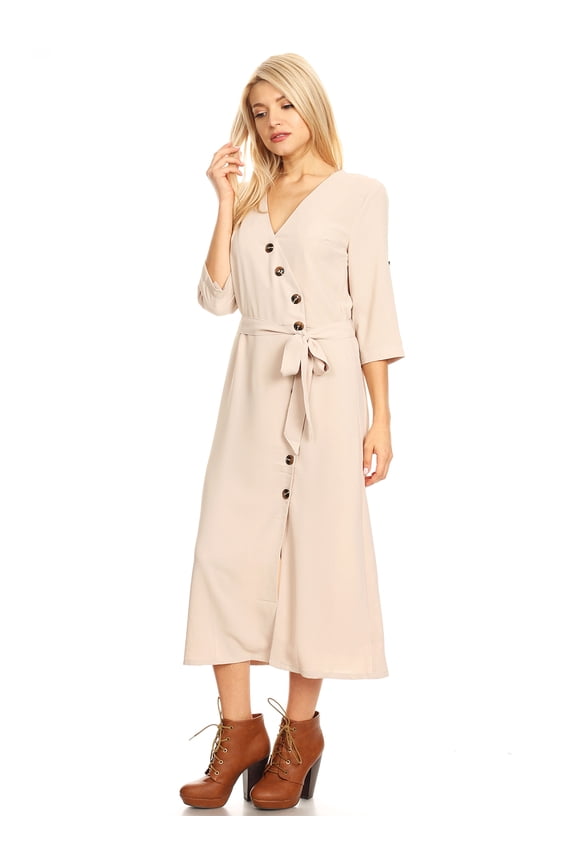 Women's Button Closure Split Front Midi Wrap Belt Tie 3/4 Sleeve Dress