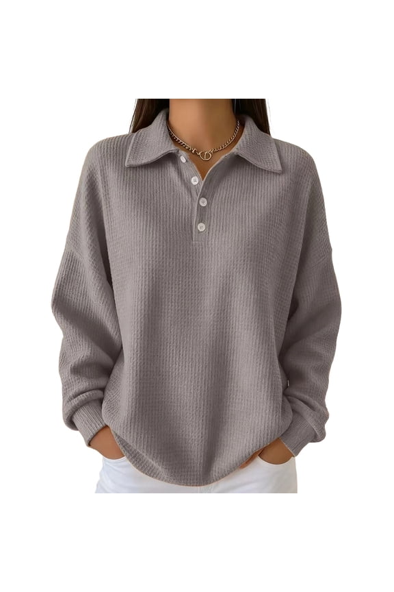 Women's Button Collar Sweatshirt Long Sleeve Pullover Solid Color Tops Casual Fall Winter Warm Loose Fit Tunic Shirts Gray S