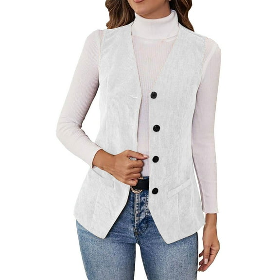 Women's Button Up Corduroy Vest V Neck Slim Fit Tops with Pockets Sleeveless Trendy Blazer Jackets Lightweight Coats Winter Snap Gilet Warm Outerwear Casual Waistcoats