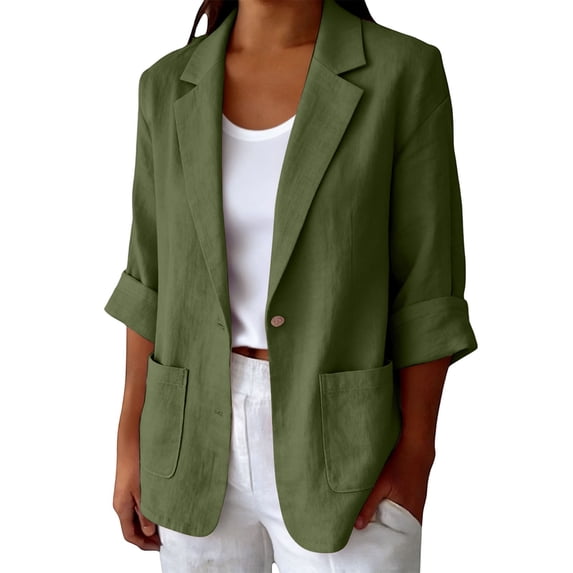 Women's Button Cotton Linen Blazer Long Sleeve Open Front Work Lightweight Jacket for Work Office Casual Business Summer Fall Clothing Suit Jacket Work Blazer