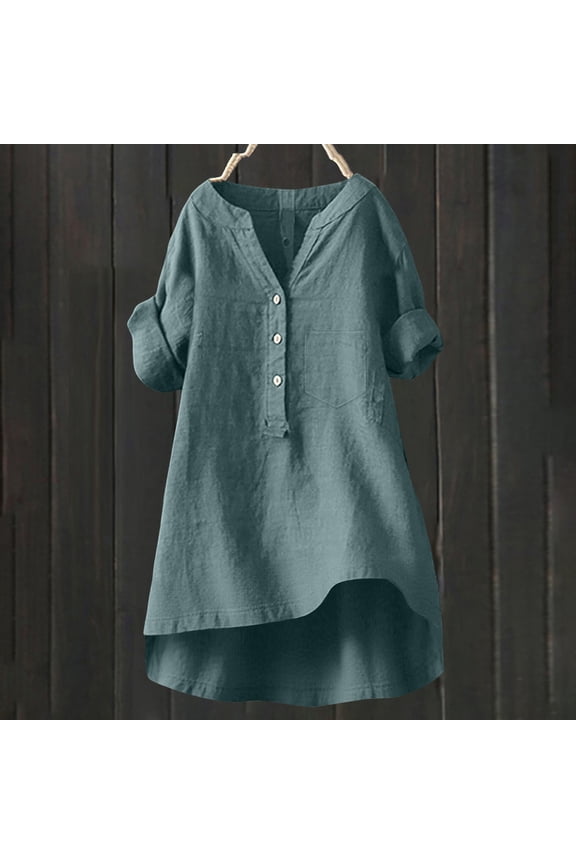 Women's Button Down Cotton Linen Tunic, Mid Sleeve Solid Color Longline Top with Asymmetric Hem, Casual T-Shirt for Work, Travel, and Layering-Blackish Green