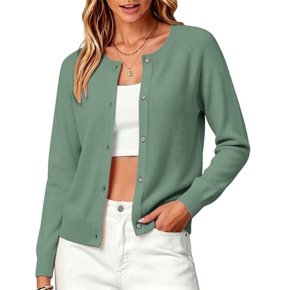 Women's Button Down Crew Neck Knit Sweater Cardigans, Solid Color Long Sleeve Cardigan Cardigans for Women Trendy Chic Tops Soft Long Sleeve Business Casual Tops Teacher Outfits,Army Green,S