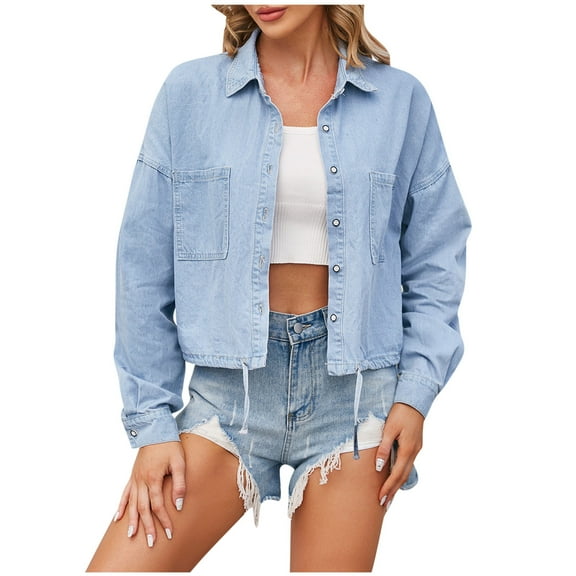 Women's Button Denim Jacket Womens Plus Denim Stretch Denim Jacket, Women's Oversized Mid Long Denim Jacket Jean Biker Coat S-105 Light Blue M