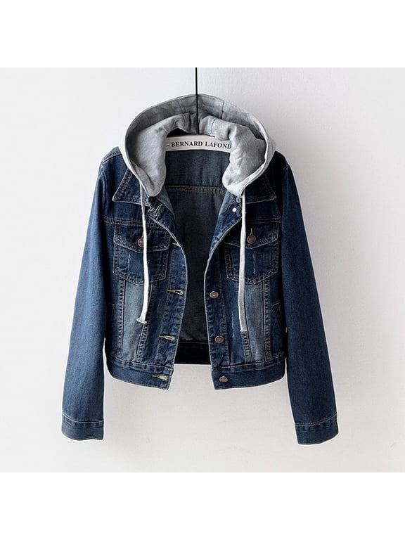 Women's Button Down Distressed Denim Jacket, Long Sleeve Hooded Casual Coat with Pockets, Detachable Hood and Light Wash Style for Teens and Daily Street Wear-Blue