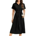 thumbnail image 1 of Women's Button Down Belted Midi Shirt Dress with Pockets Short Sleeve Silhouette Classic Black 95% Polyester 5% Spandex, 1 of 8