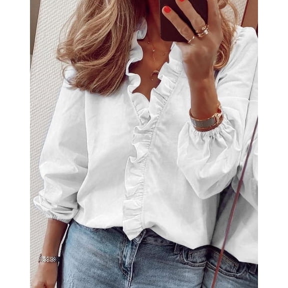 Women's Button Down Blouse Long Sleeve Ruffle Blouse Solid Colour Comfort Shirt Plus Size Dress Shirts