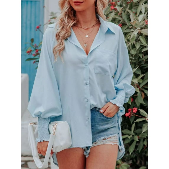 Women's Button Down Blouses Casual Lantern Sleeve Loose Fit Shirts Tops with Pockets