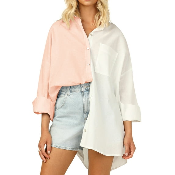 Women's Button Down Blouses Color Block Shirts Casual Long Sleeve Loose Fit Tops