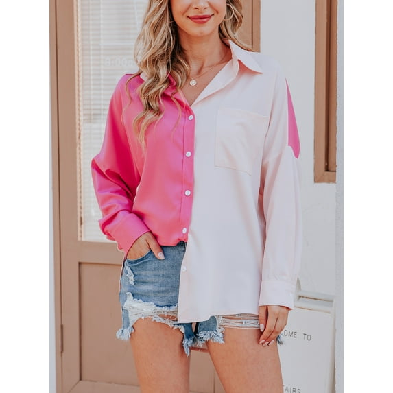 Women's Button Down Blouses Color Block Shirts Casual Long Sleeve Loose Fit Tops