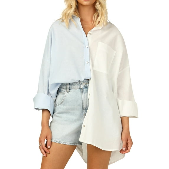 Women's Button Down Blouses Color Block Shirts Casual Long Sleeve Loose Fit Tops
