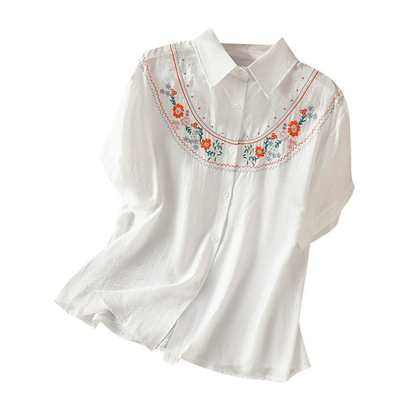 Women's Button Down Blouses Fashion Collared Embroidered Short Sleeve Shirts Linen Loose Casual Summer Work Tops, White, Free Size