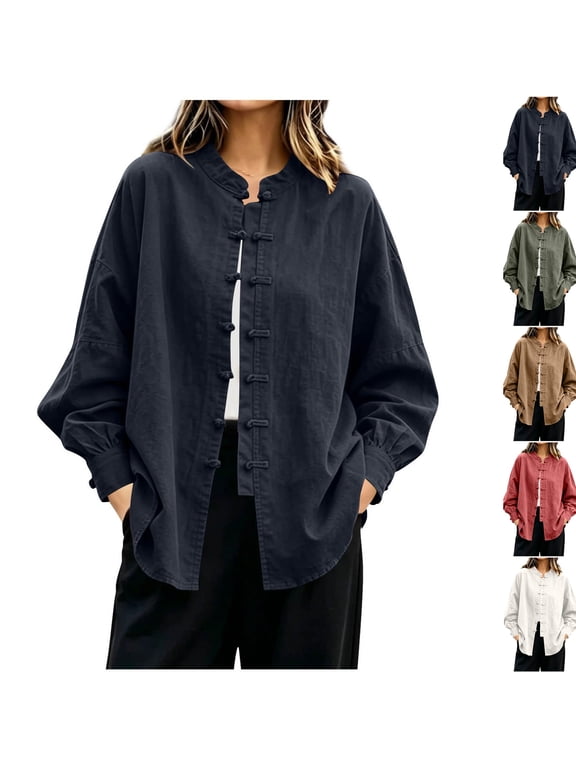 Women's Button Down Blouses Retro Mandarin Collar Frog Button Long Sleeve Casual Cardigan Shirts Cotton Linen Tops Black XXL