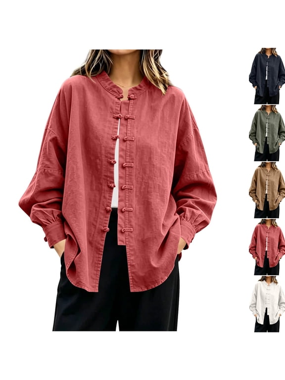 Women's Button Down Blouses Retro Mandarin Collar Frog Button Long Sleeve Casual Cardigan Shirts Cotton Linen Tops Red XL