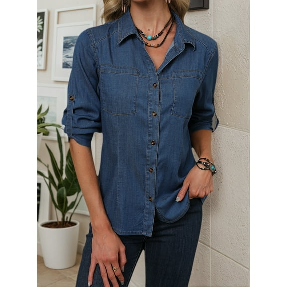 Women's Button-Down Blue Denim Shirts - Stylish Design, Casual Long Sleeve Blouse Top, Perfect for Spring & Autumn, Ideal for Commuting, Dating & Holiday Gifting