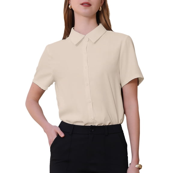 INSPIRE CHIC Women's Button Down Bodysuit Collared Short Sleeve Business Office Leotard Shirt Top M Beige
